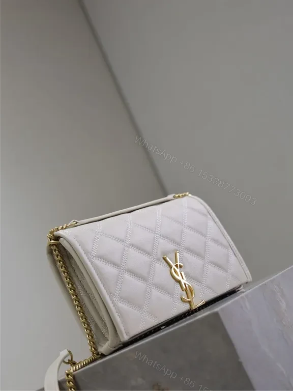 View 4 of White Quilt Leather Crossbody Bag with Gold YSL Logo