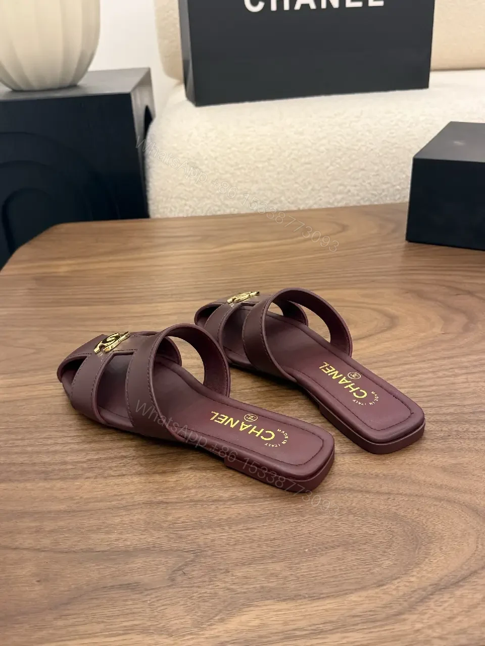 View 7 of Brown Leather Sandals, Gold CHANEL Logo, Slides, Open-Toe Style