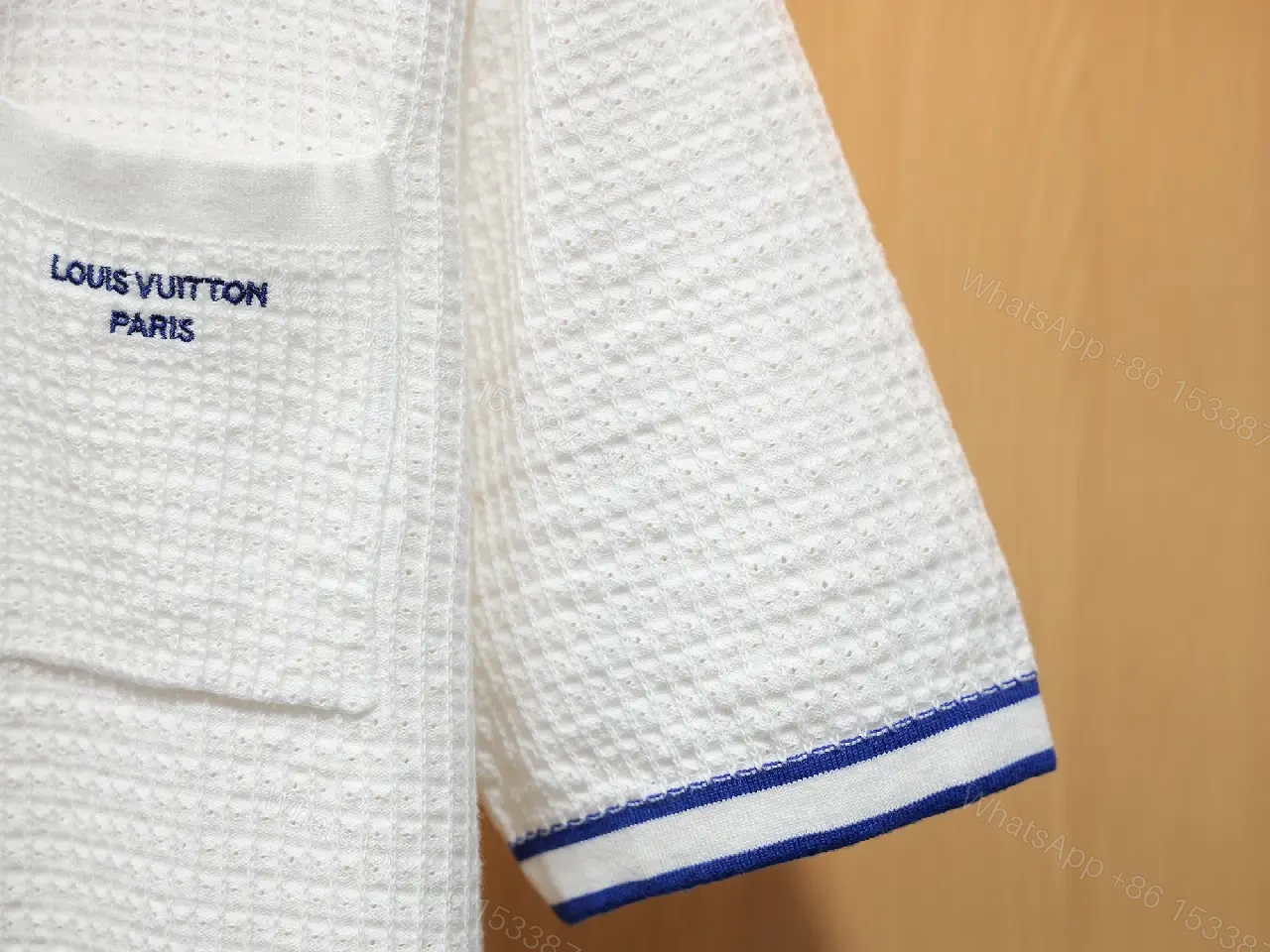 View 4 of White Polo Shirt Dress Knit with Blue Trim Subtle Louis Vuitton Label