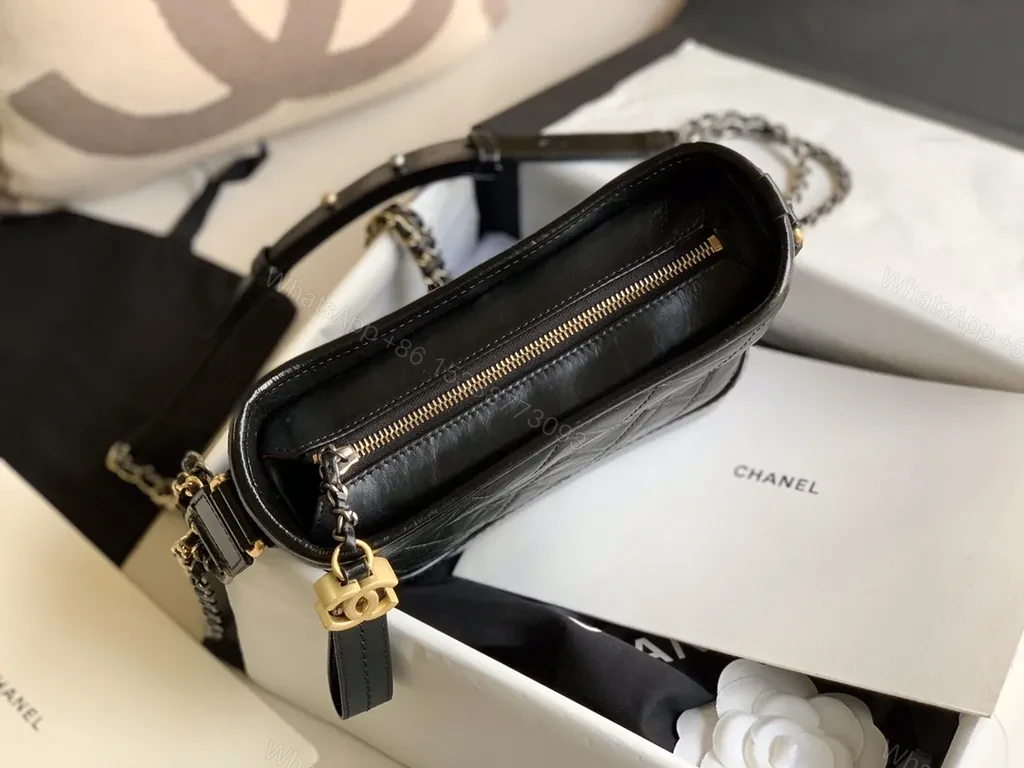 View 2 of Chanel-Style Quilted Crossbody: Black Leather, Gold Charm