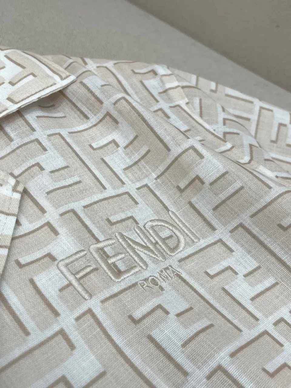 View 4 of Off-White/Cream Short-Sleeve Button-Up Shirt, Embossed Logo Pattern