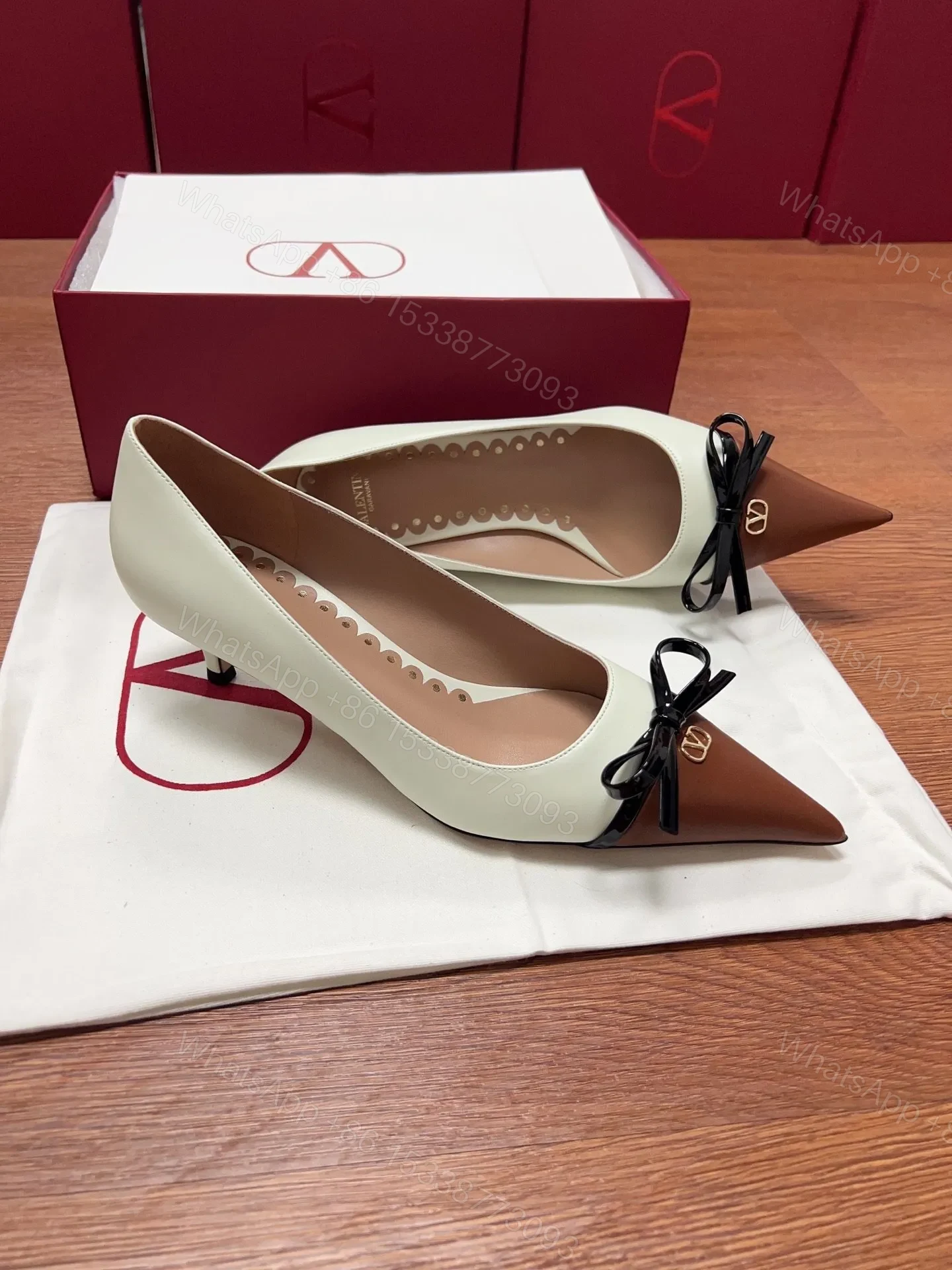 View 4 of Valentino Women Ivory Leather Brown Patent Heels