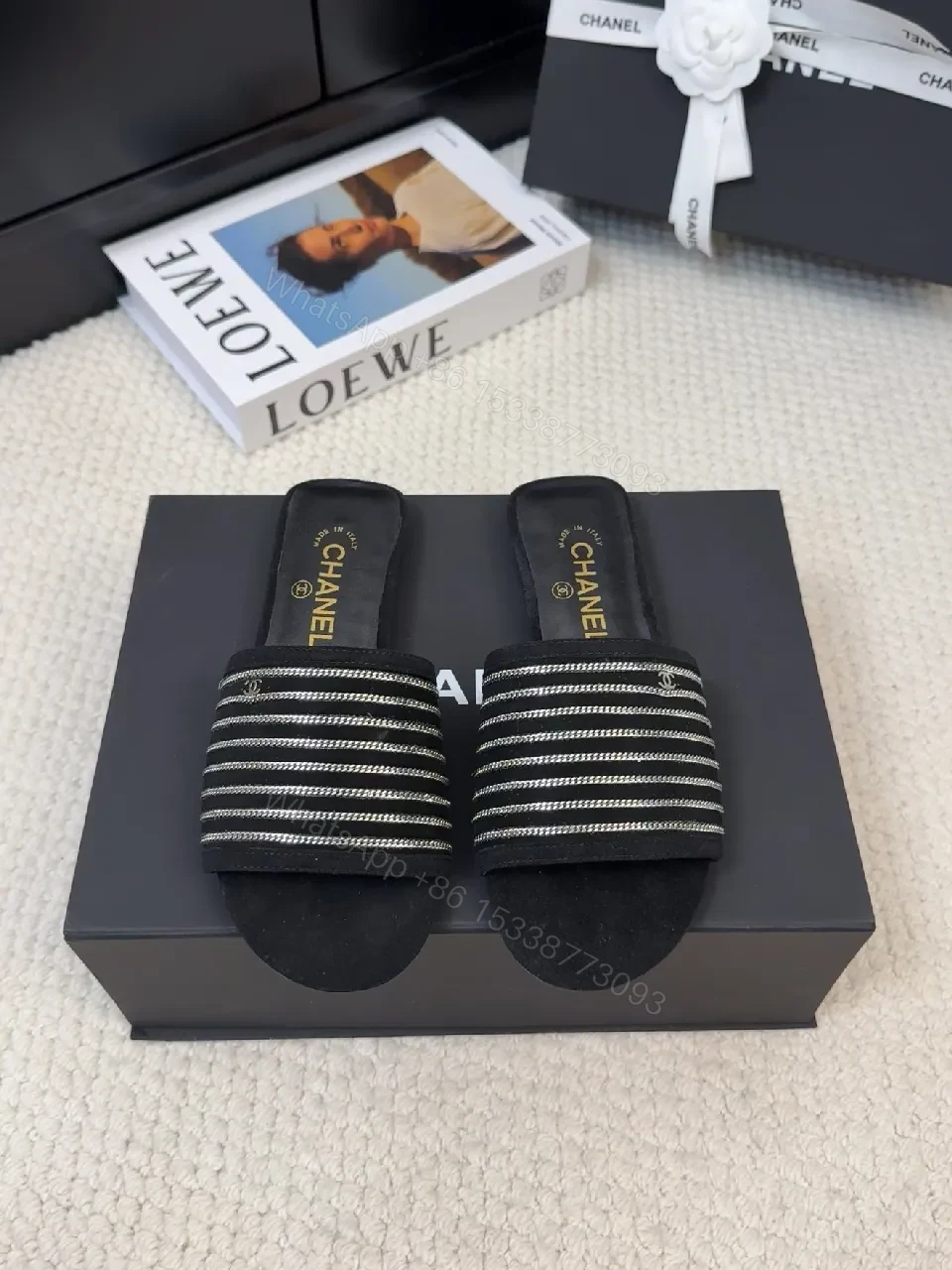 View 5 of Black + Synthetic + Slide + Shimmer Band + Sandals