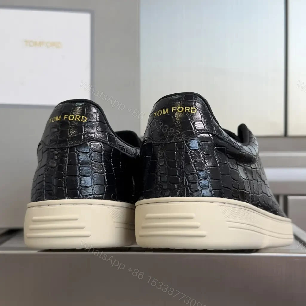 View 4 of Croc-Textured Leather Sneakers – Black & Cream, Luxury Casual