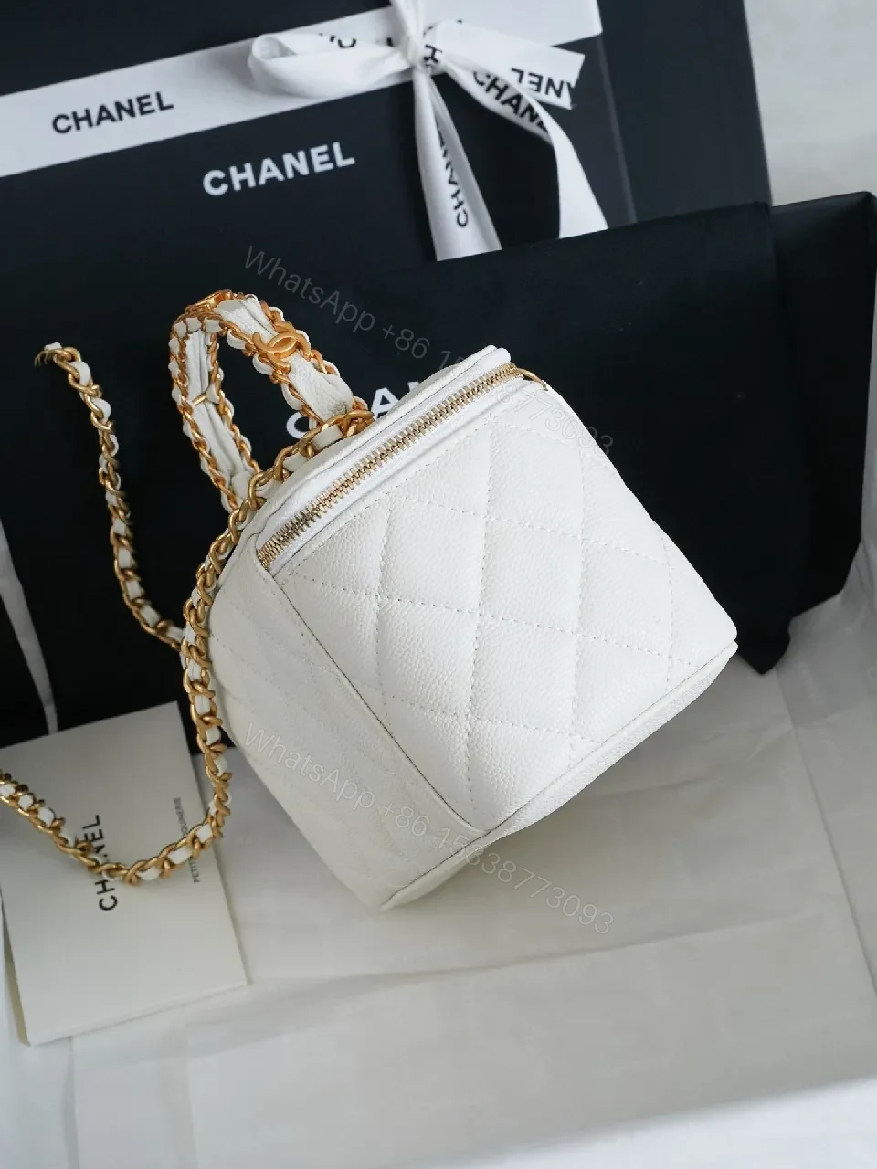 View 3 of White Quilted Mini Bag with Gold Chain