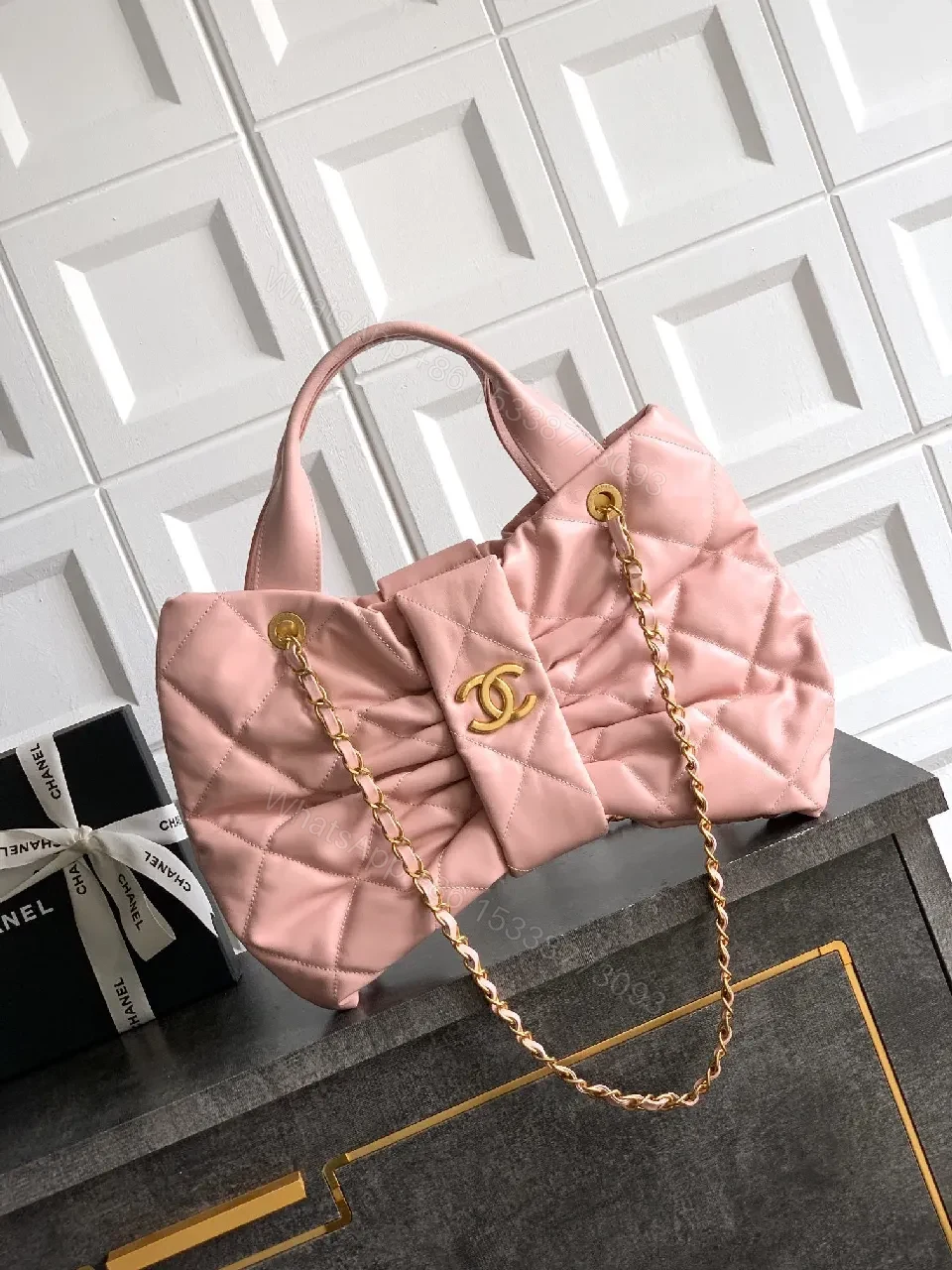 Soft Pink Quilted Handbag with Gold Accents, Compact Luxury Tote — view 1