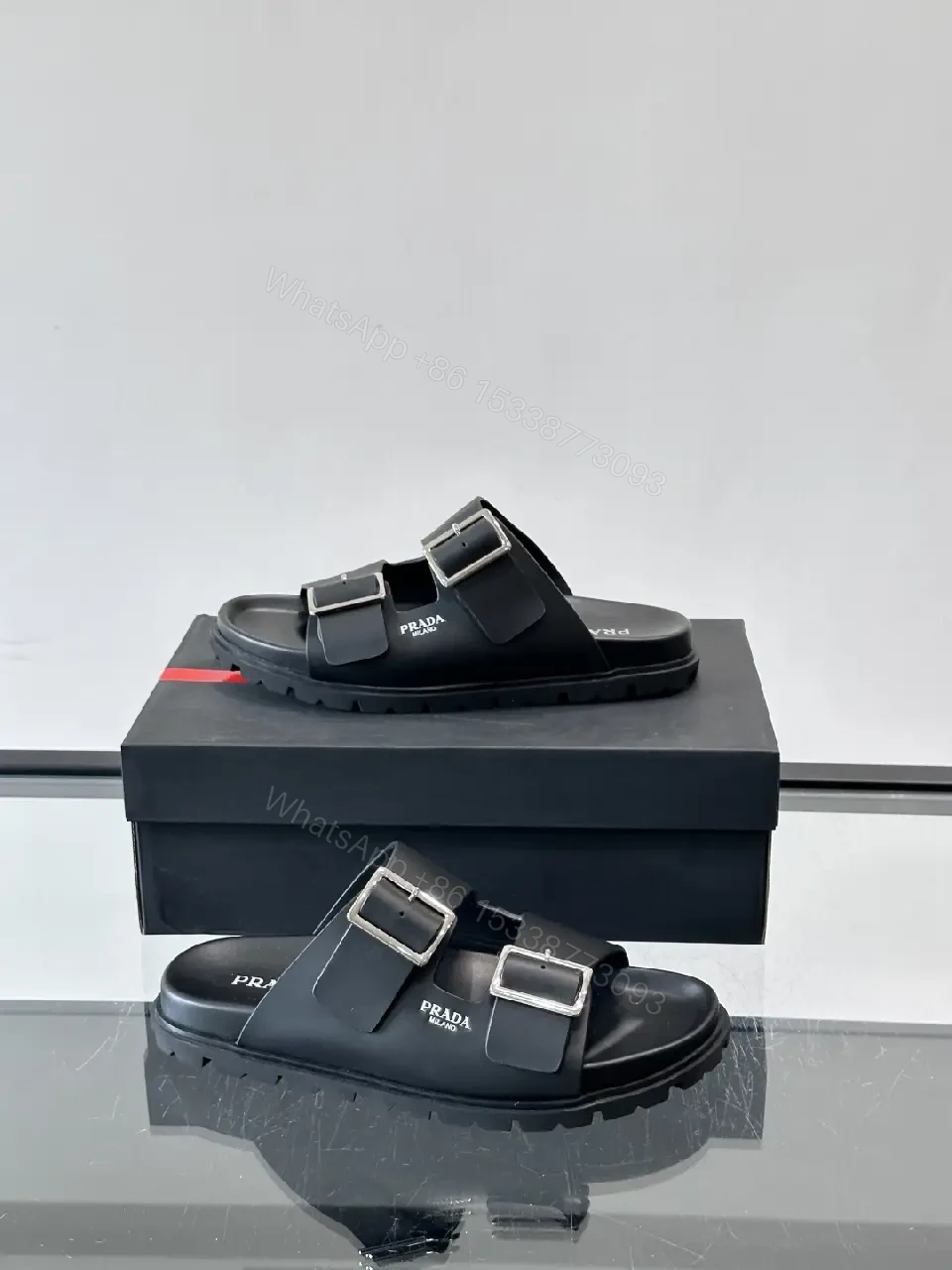 View 7 of Black Leather Double-Buckle Sandals — Prada Style Sliders