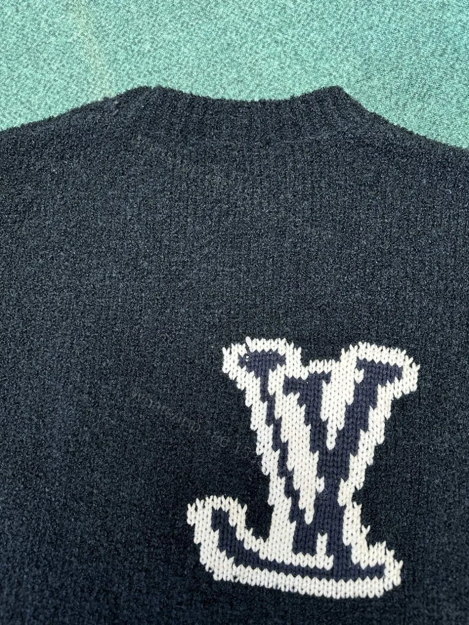 View 7 of Textured Knit Crewneck with Subtle LV Emblem, Navy, Mid-Weight Luxury