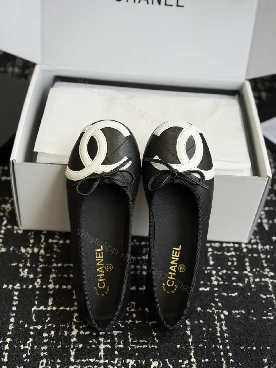 View 10 of Black White Leather Bow Ballet Flats, Classic Chanel Style, Flat Shoes