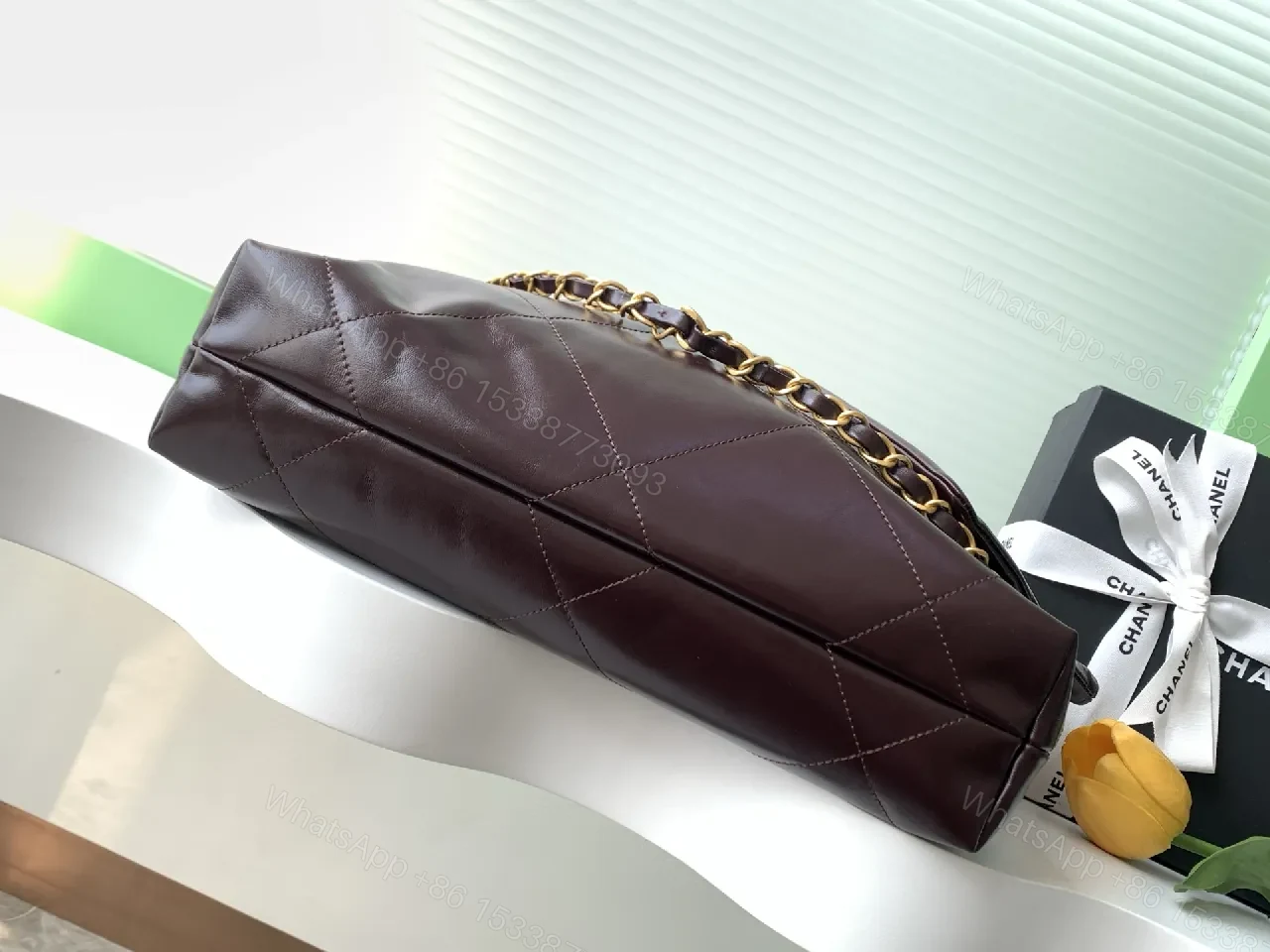 View 5 of Quilted Leather Tote with Gold Chain—Chic Lux Tote