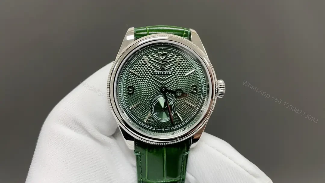 Premium Rolex 1908 Green Guilloche Dial replica 39MM Green Leather Strap Edition RG-1908-52506-GREEN-GUILLOCHE-LEATHER — view 1