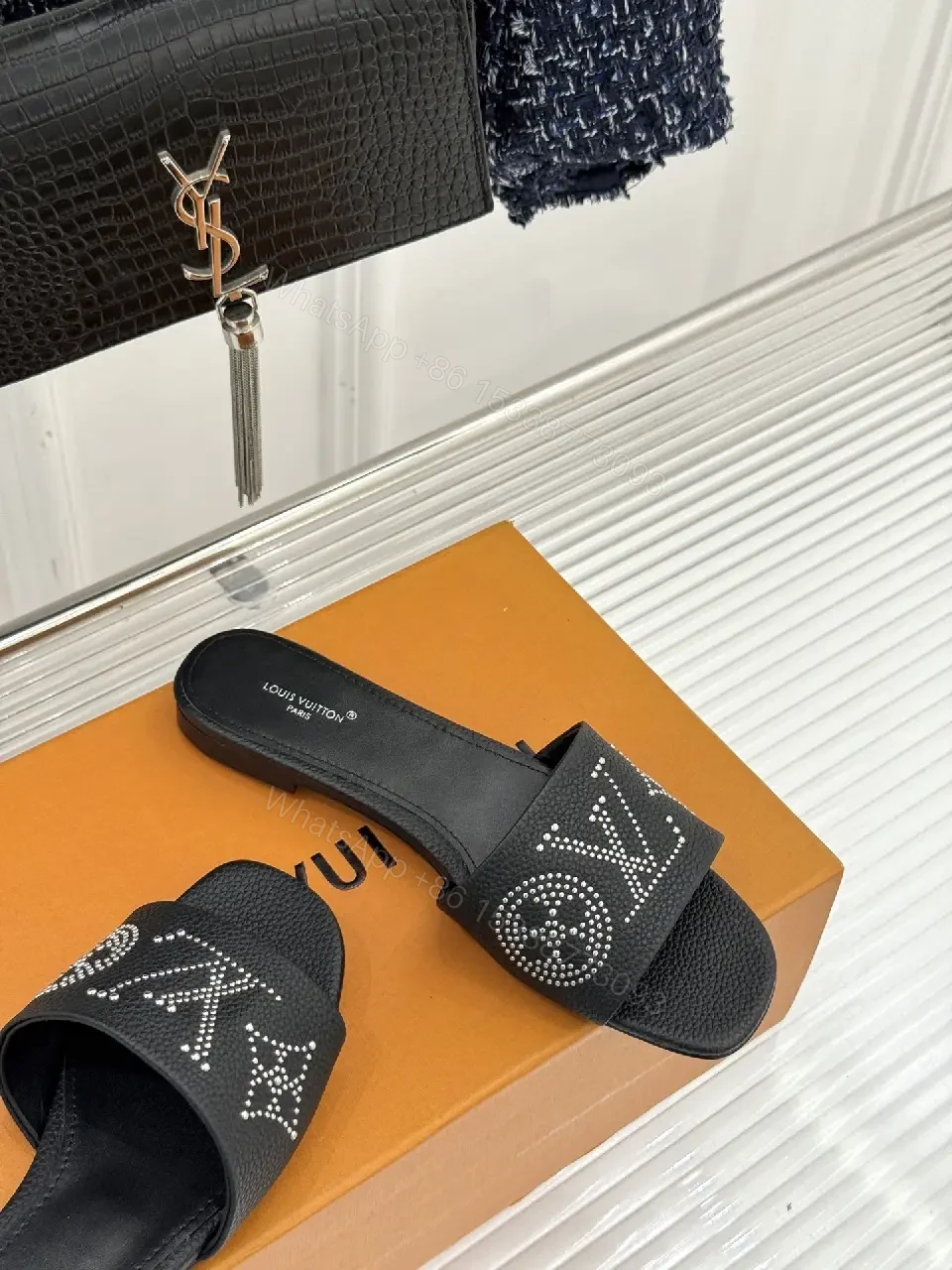 View 6 of Chic Leather Slide with Crystal Monogram Comfort Slips