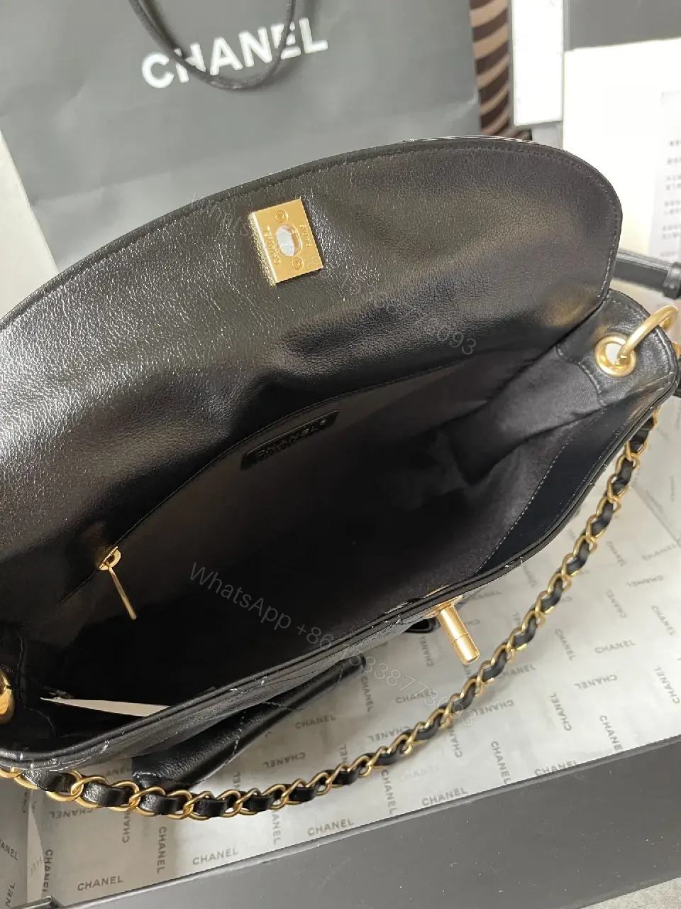 View 6 of Quilted Black Leather Satchel with Gold Chain Accent