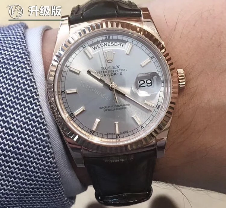 一比一 Rolex 總統表銀盤玫瑰金皮帶星期日历高仿機械腕錶 — view 1
