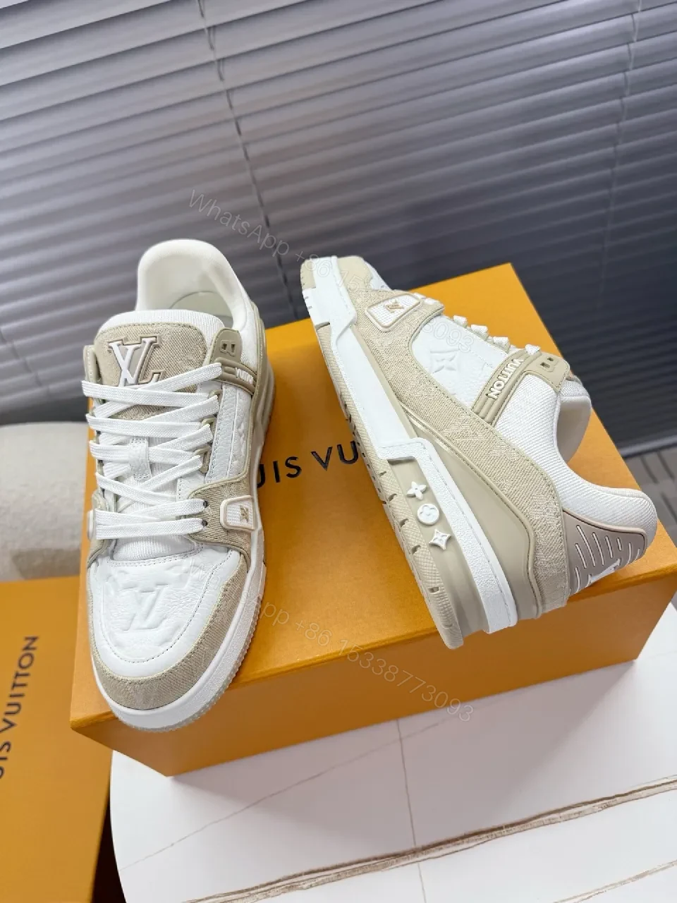 View 5 of White Quilted Leather High-Tops with Beige Suede Overlays