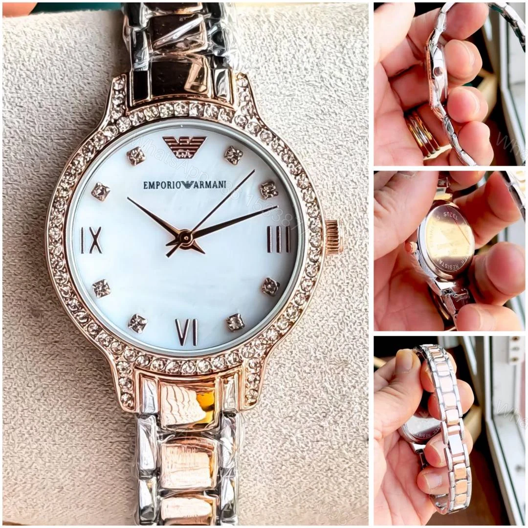 View 2 of First Copy Emporio Armani Silver Rose Gold White Dial Diamond Bezel Women’s Analog Watch