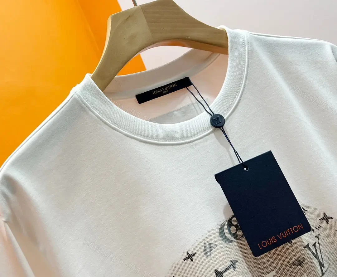 View 2 of White Cotton T-Shirt Circular LV Logo Graphic Diamonds Stars, Modern Style, Crew Neck, Short Sleeve, Black Neck Tag