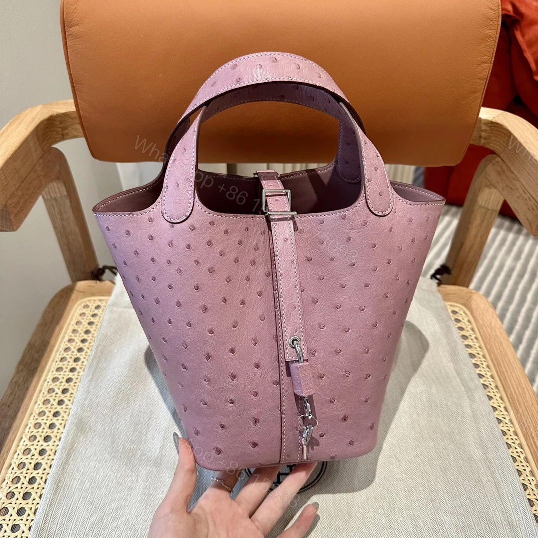 Hermes 高仿 女款 Picotin Lock 鴕鳥皮水桶包 粉色手提包 高級質感款 — view 1