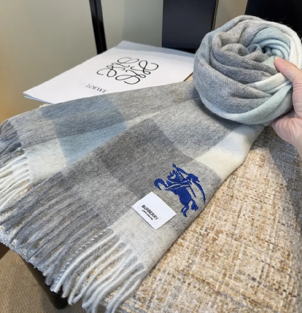 View 9 of Soft Gray Plaid Wrap Scarf – Luxury Knit Wrap with Fringe