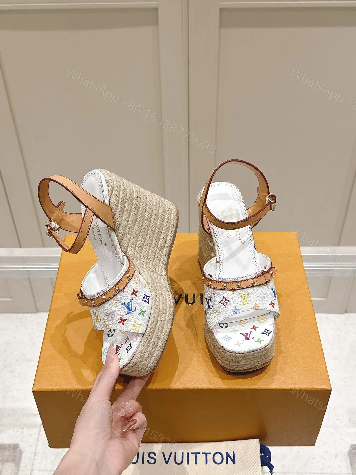 View 4 of LV Women White Leather Multicolor Print Wedge Sandals
