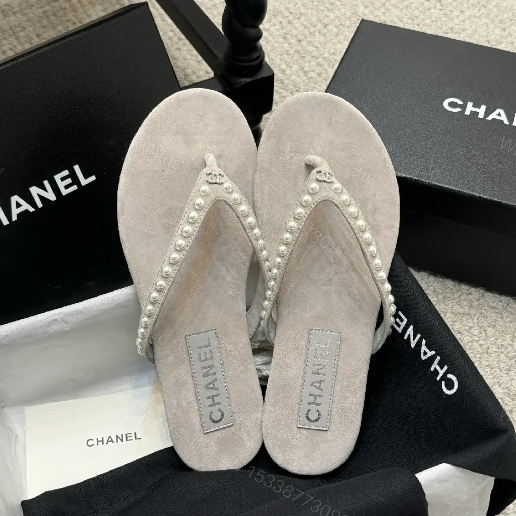 View 2 of Pearl-Embellished Suede-Texture Flip-Flops: Luxe Charm Sandals