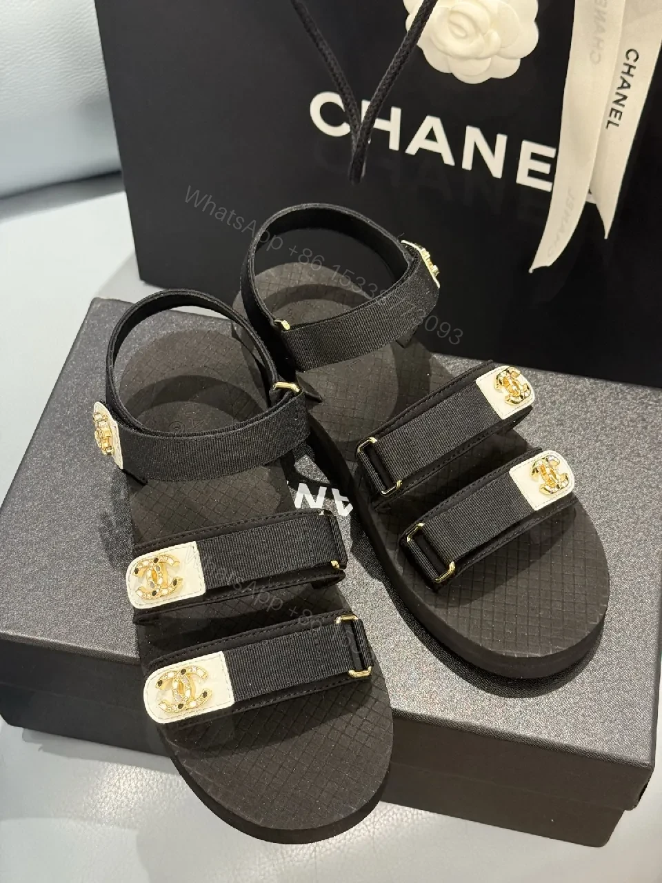 View 5 of Black Synthetic Strappy Sandals – Luxe Comfort, Gold Hardware