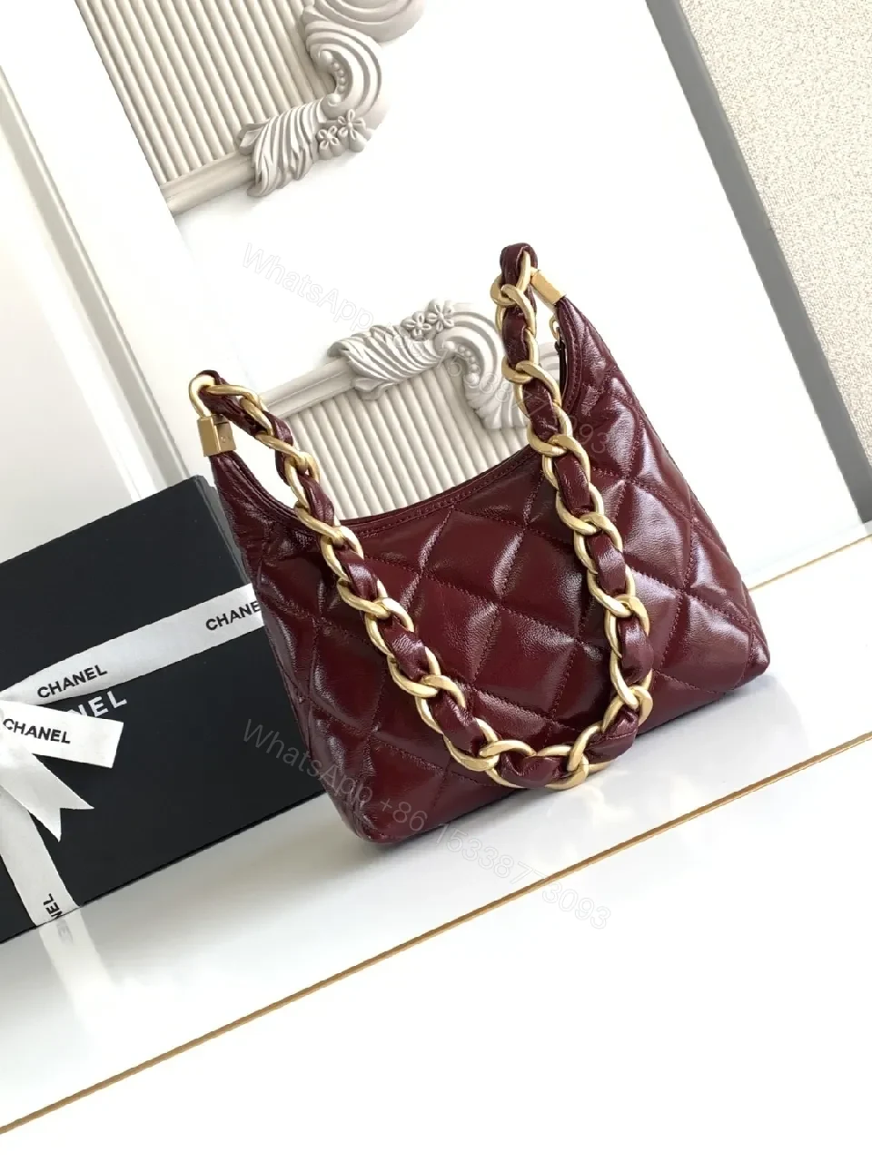 View 3 of Burgundy Quilted Mini Bag with Gold Chain Strap