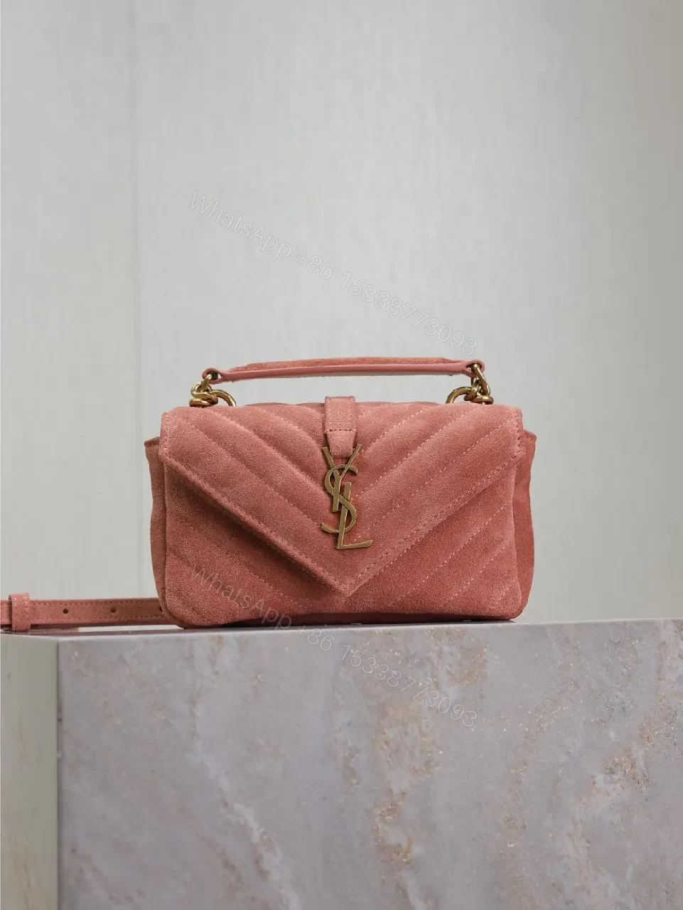 Soft Rose Velvet Quilted Bag with Gold Accent — view 1