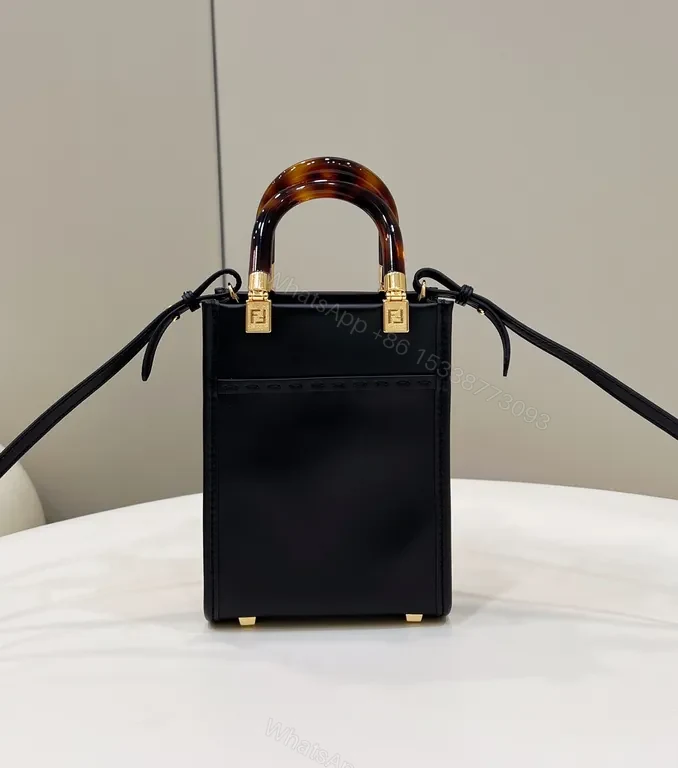 View 8 of Compact Leather Mini Handbag with Tortoishell Handle - Black, Fendi-inspired Style