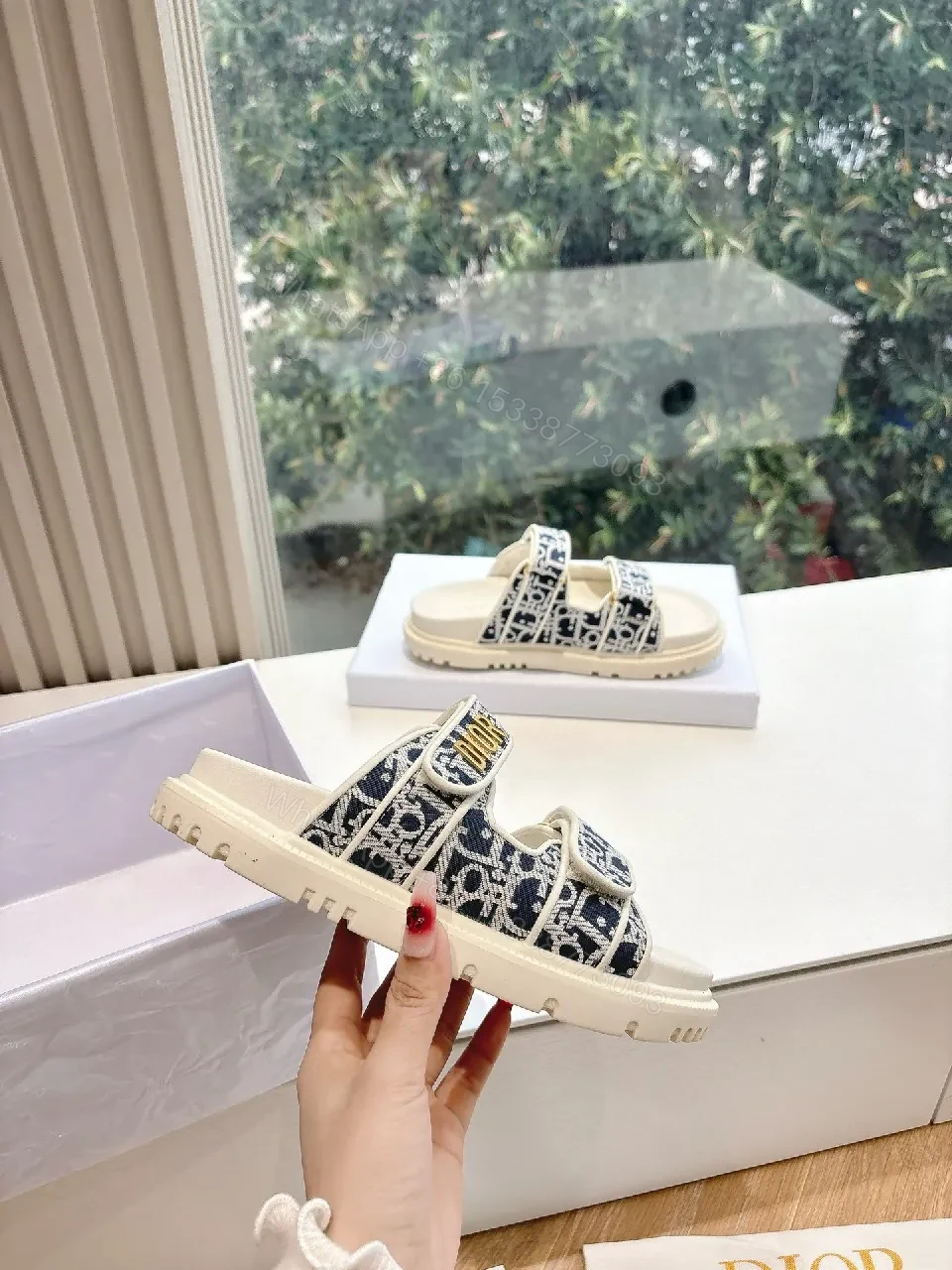 View 8 of Navy Ivory Patterned Platform Sandals with Logo Straps