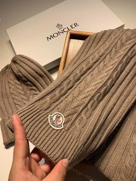 View 4 of Taupe Wool-Blend Moncler Knit Set: Beanie & Scarf, Luxury Winter