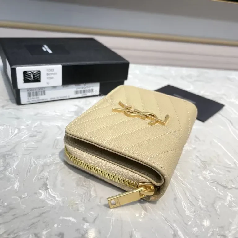 View 3 of Beige Quilted Wallet with YSL Hardware â€“ Compact Luxury Wallet