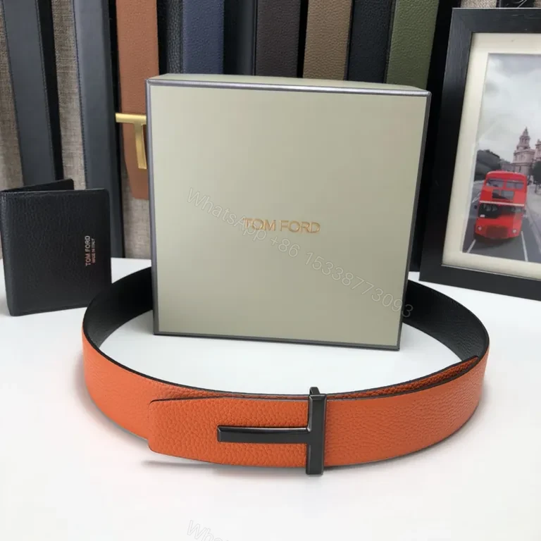 View 8 of Tom Ford Orange Leather Belt with Gold-T Buckle - Luxury Signature Gift