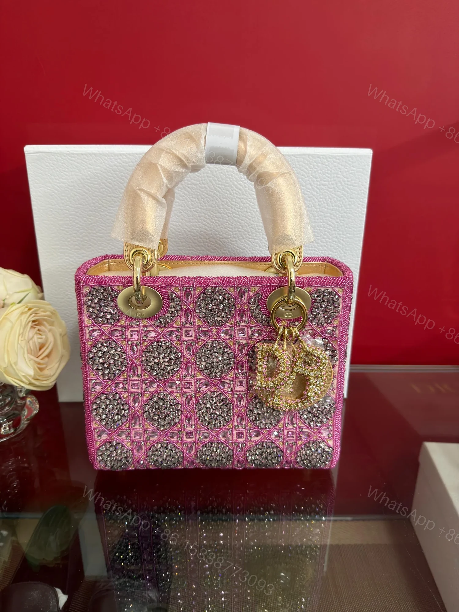 View 2 of LADY DIOR BAG Metallic Calfskin & Satin with Rose Des Vent