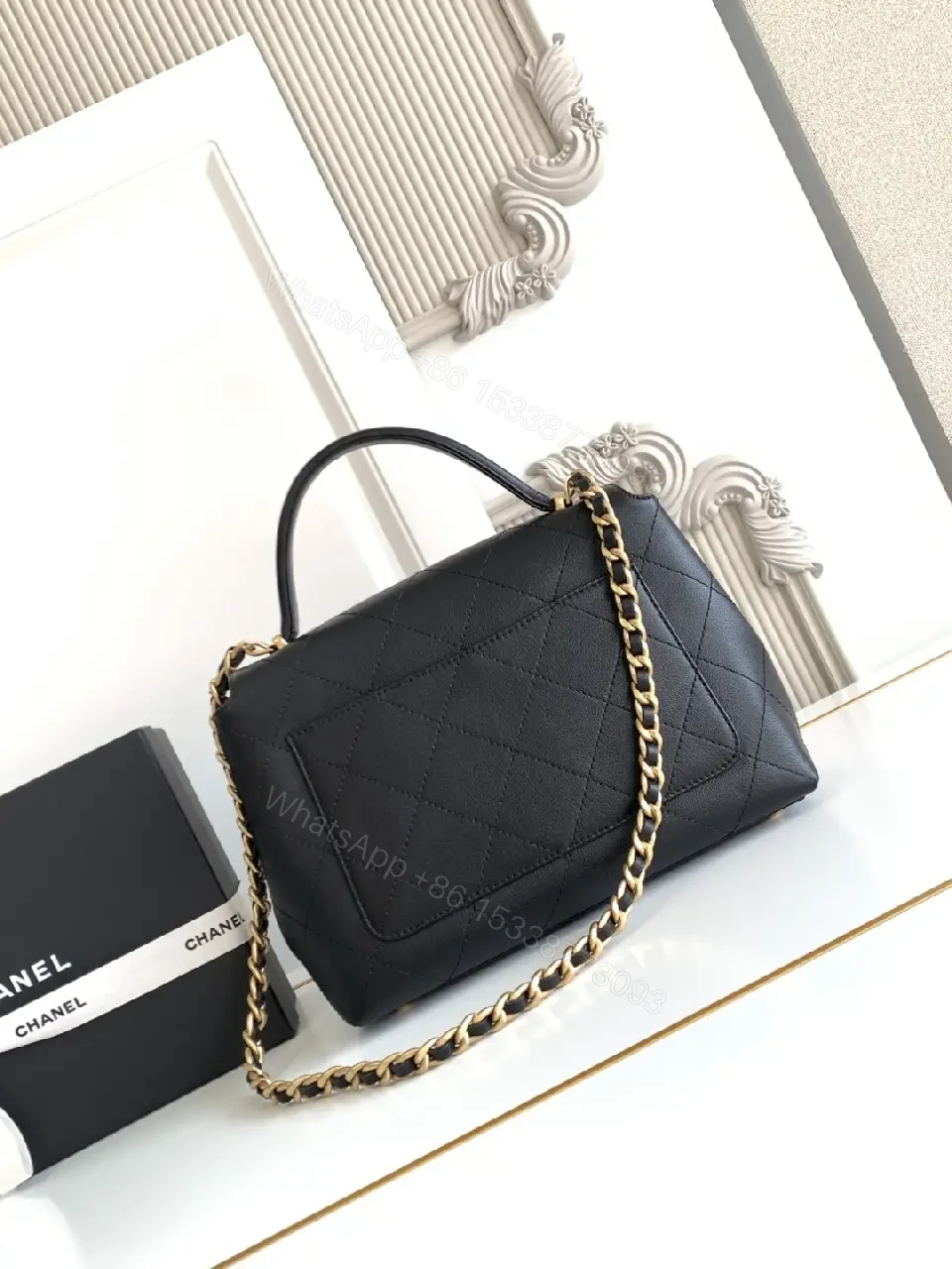 View 11 of Compact Quilted Black Leather Flap Bag with Chain Strap