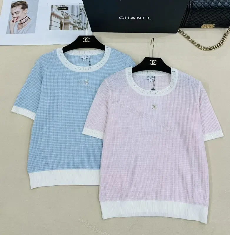 Textured Knit Top: Powder Blue/Blush Pink, Chic, Lightweight Knitwear — view 1