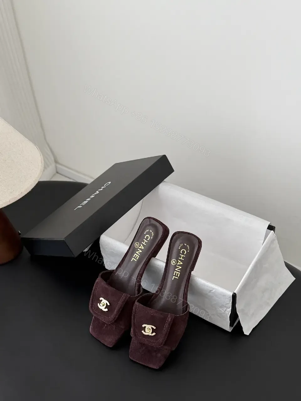 View 2 of Suede Mules with Gold Logo Hardware — Burgundy, Square-Toe, Cushioned Comfort