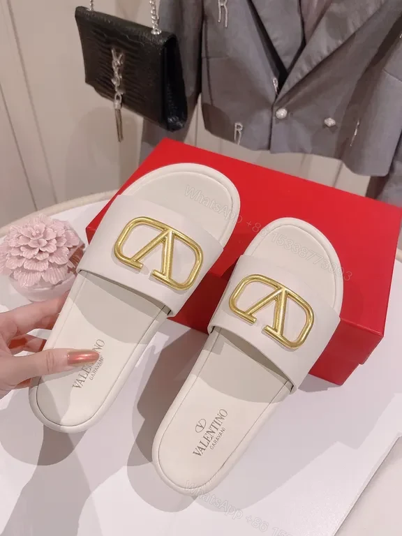 View 3 of Valentino-Style White Leather Slides with Gold Logo Buckle