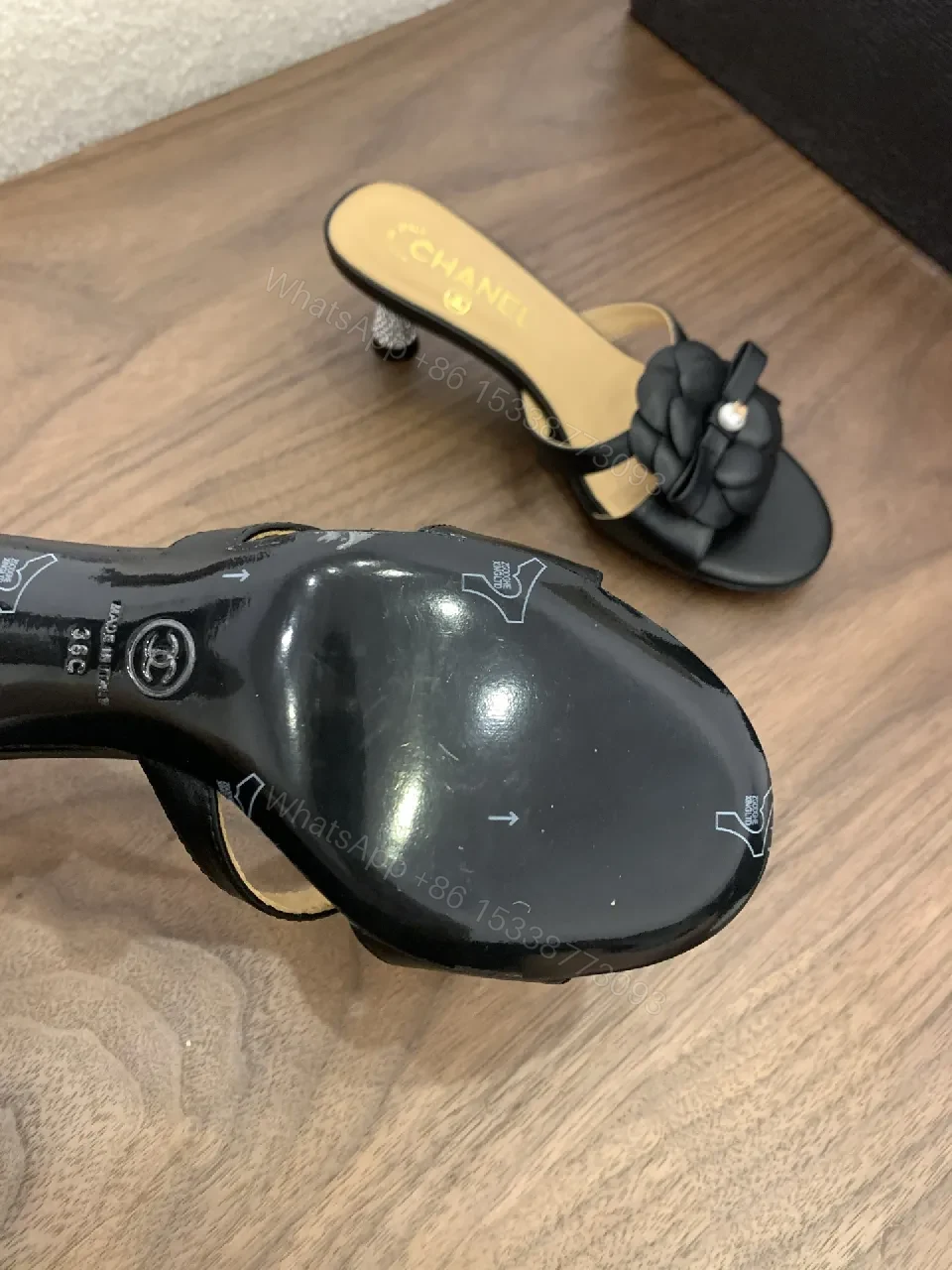 View 3 of Black Satin Slide with Floral Appliqué, Luxe Casual Slide