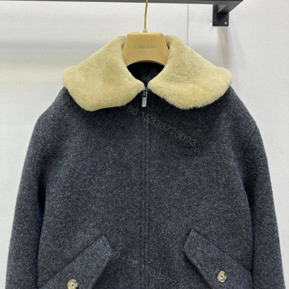 View 3 of Miumiu Shetland Wool Blouson Jacket Anthracite Gray