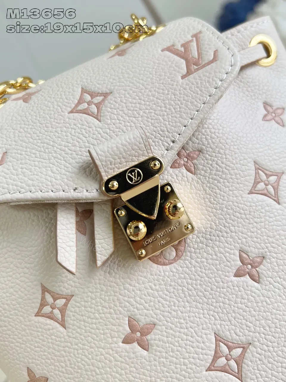 View 5 of Soft Pink Monogram Bucket Bag - Textured Leather, Gold Hardware, Elegant
