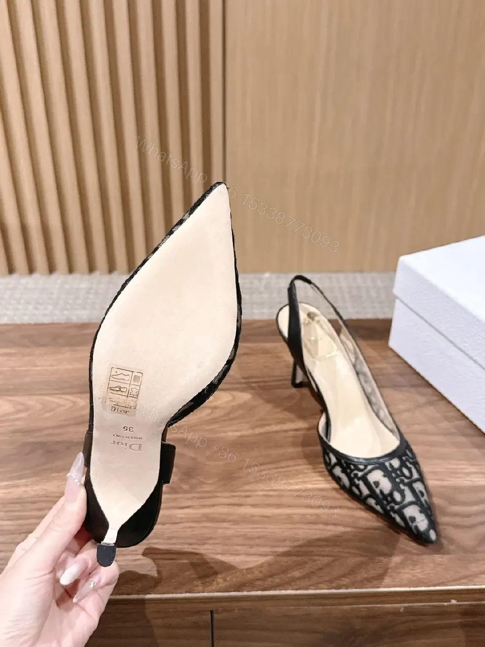 View 6 of Black Denim Slingback Heels Dior-inspired Pattern Pointed Toe Slide Slingback Heels