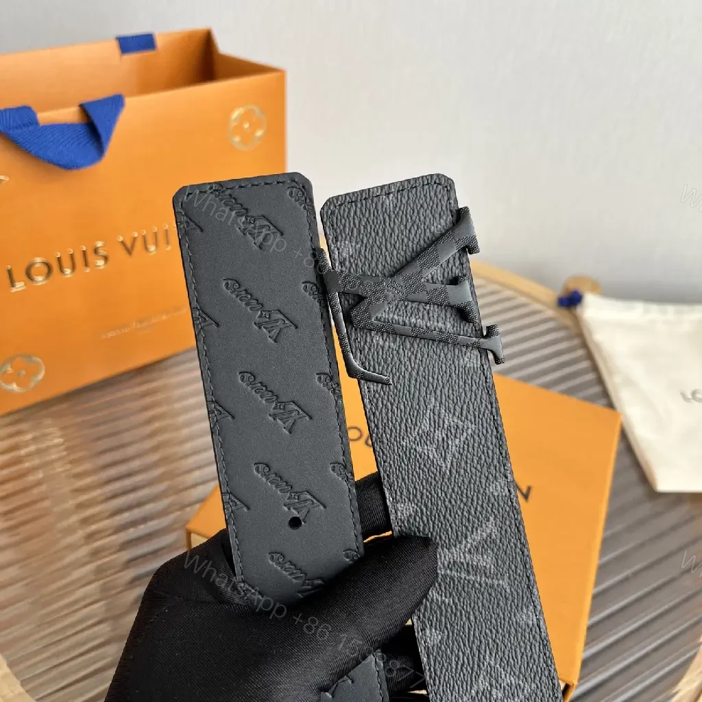 View 8 of Black Leather Belt Modern Slick LV Monogram Buckle Belt
