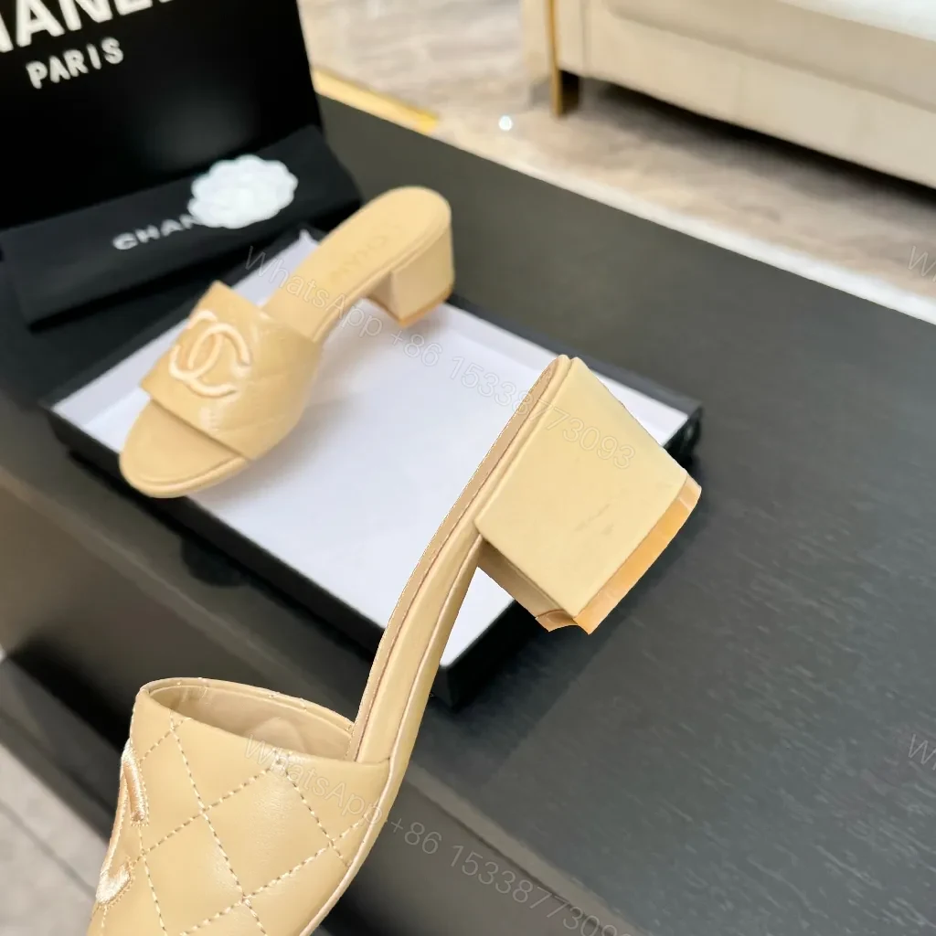 View 2 of Quilted Nude Slide with Logo Accent, Mid-Heel, Luxe Style
