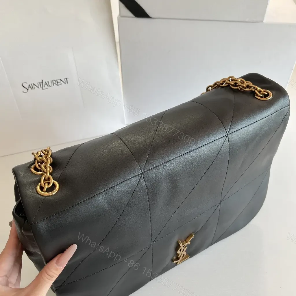 View 6 of Quilted Black Leather Shoulder Bag with Gold Chain