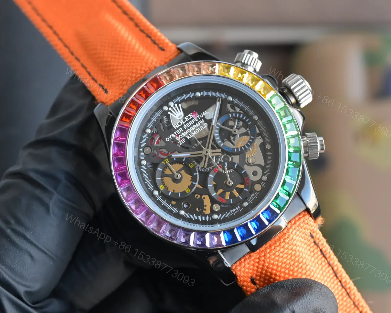 View 2 of Best Rolex Daytona Rainbow Orange Fabric Strap replica 43MM Hollow Dial Edition RG-DAYTONA-RAINBOW-ORANGE-FABRIC-43