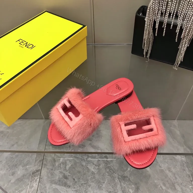 View 9 of Pink Fur-Trimmed Fendi Slides: Bold Comfort