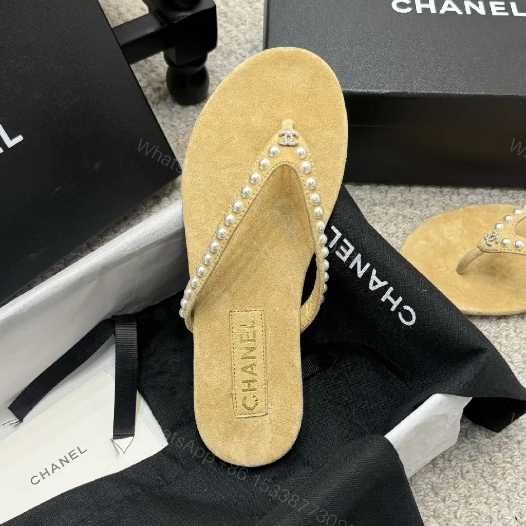 View 9 of Pearl-Trim Sandals: Suede Footbed, Beaded Straps, Beige Leather