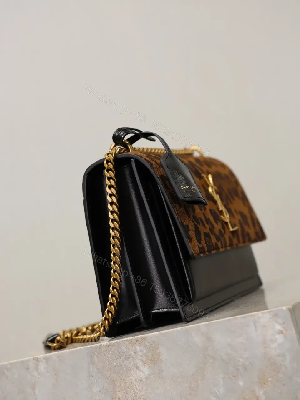 View 9 of Leopard Print Flap Bag with Gold Monogram Chain Strap