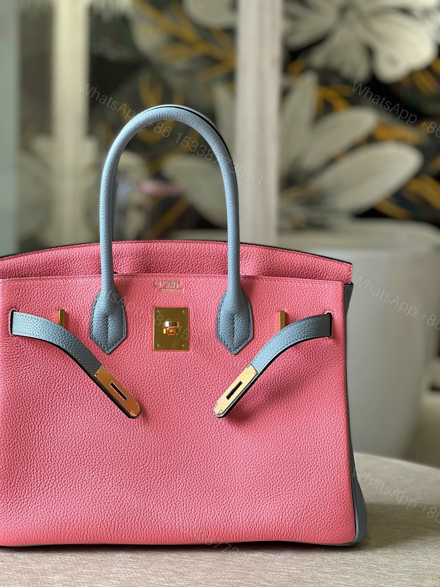 View 6 of Hermes Birkin 30 Liam Blue/ Rose Pink Togo Leather Gold Hardware